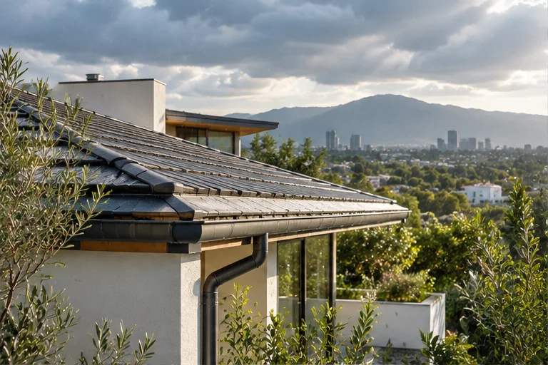 Visualización conceptual de una vivienda con canaletas para captación de lluvia