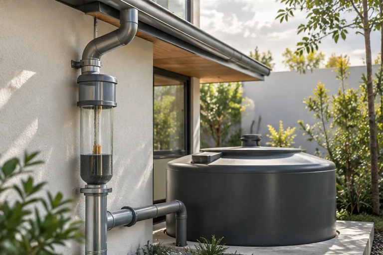 Sistema conceptual con conducto de lluvia y tanque de agua junto a una casa
